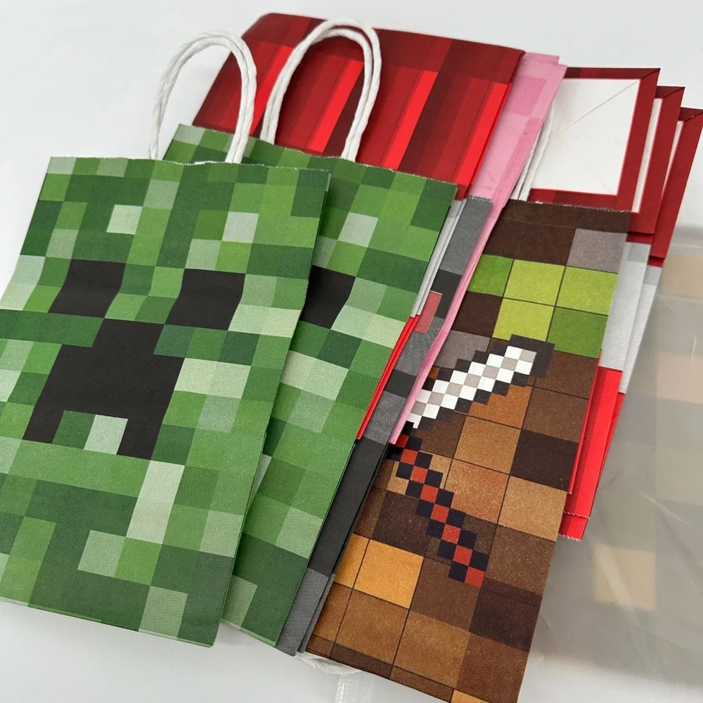 Pixel Minecraft Party Supplies Video Game Themed Party Favor Bags and Tablecloth